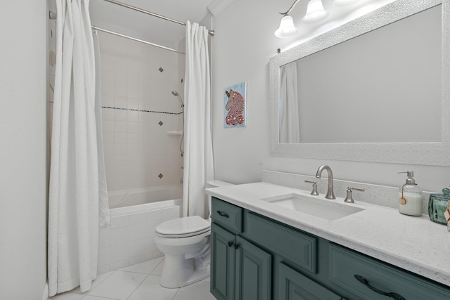 full bathroom featuring toilet, tile patterned floors, vanity, and shower / tub combo