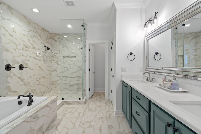 bathroom with ornamental molding, separate shower and tub, and vanity