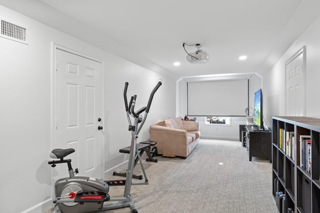 workout area with carpet floors