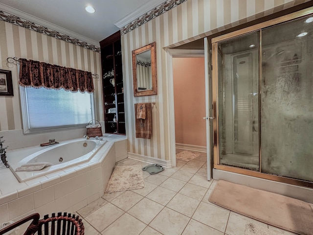 bathroom with tile patterned flooring, crown molding, and plus walk in shower