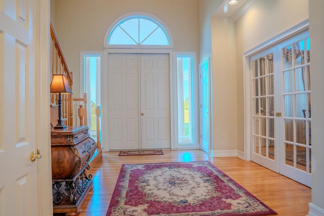 foyer with hardwood / wood-style floors and a high ceiling