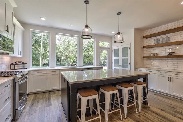 kitchen with wood-type flooring, white cabinets, hanging light fixtures, tasteful backsplash, and appliances with stainless steel finishes