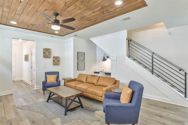 living room featuring wood-type flooring, ceiling fan, and wooden ceiling