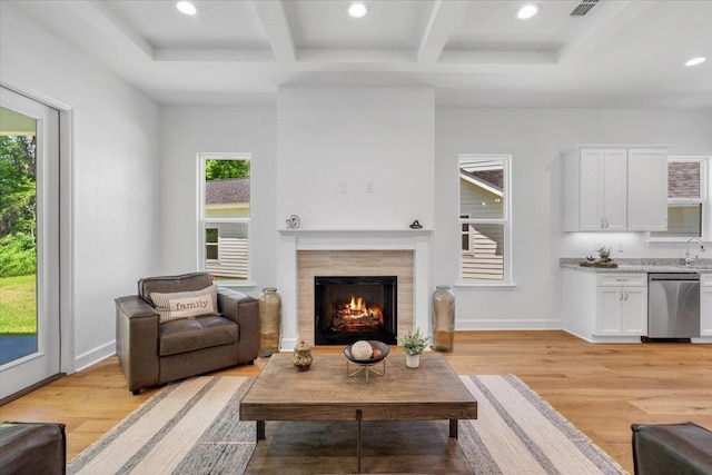 5756 Bascom Ln, Tallahassee, FL 32309 - living room with recessed lighting, plenty of natural light, light wood-style flooring, coffered ceiling, and beam ceiling