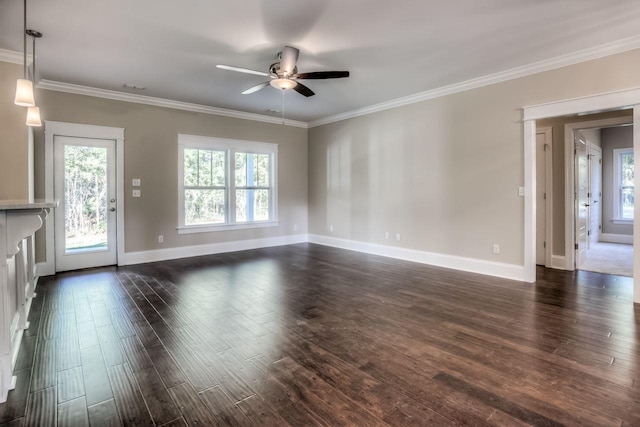 unfurnished living room featuring ornamental molding, dark wood-type flooring, and ceiling fan