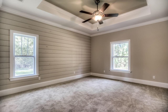 spare room featuring a tray ceiling, carpet floors, ornamental molding, and ceiling fan