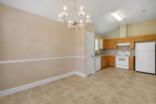 kitchen featuring lofted ceiling, sink, a notable chandelier, pendant lighting, and white appliances