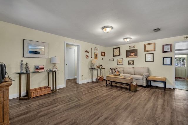 living room with dark hardwood / wood-style flooring