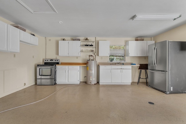 kitchen with stainless steel appliances, white cabinetry, and electric water heater