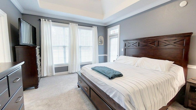 carpeted bedroom with ornamental molding and a tray ceiling