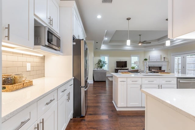 kitchen featuring dark hardwood / wood-style flooring, white cabinets, a tray ceiling, pendant lighting, and appliances with stainless steel finishes