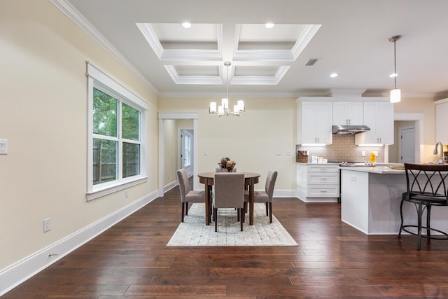 dining room with dark hardwood / wood-style flooring, a notable chandelier, crown molding, and coffered ceiling