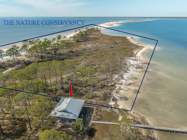 bird's eye view with a view of the beach and a water view