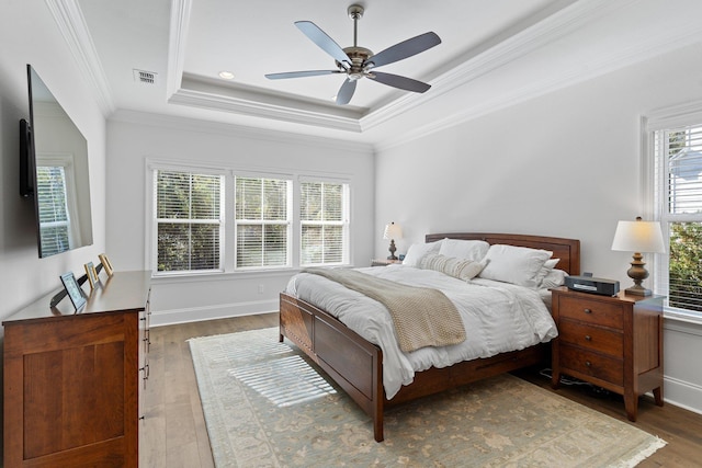 bedroom featuring multiple windows, a tray ceiling, ceiling fan, and hardwood / wood-style flooring