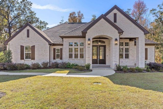 french provincial home with french doors and a front lawn