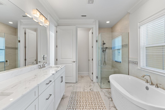 bathroom with shower with separate bathtub, vanity, and crown molding