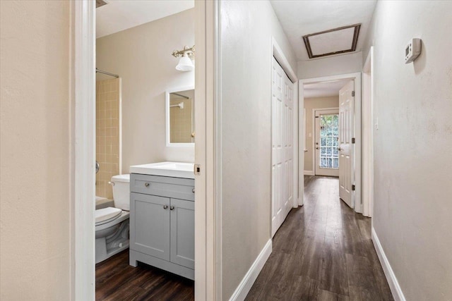 corridor with dark wood-type flooring