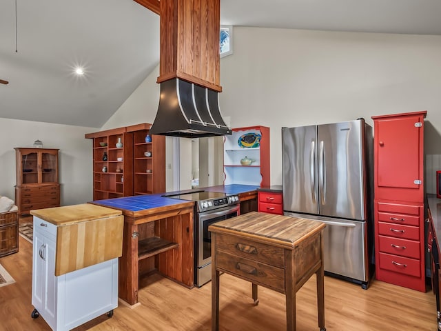 kitchen with open shelves, appliances with stainless steel finishes, light wood finished floors, and range hood