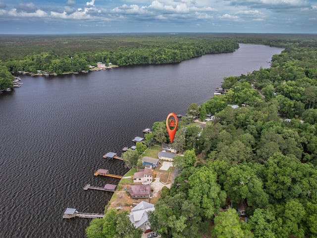 aerial view featuring a water view and a wooded view