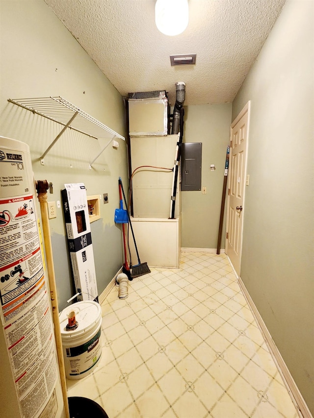 utilities with water heater, visible vents, and electric panel