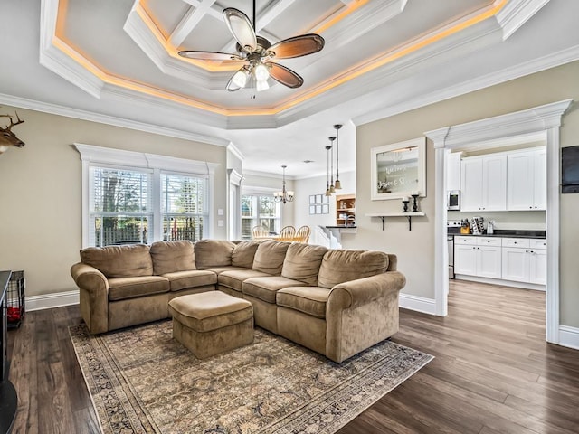 living room with ceiling fan with notable chandelier, crown molding, a tray ceiling, and dark hardwood / wood-style flooring