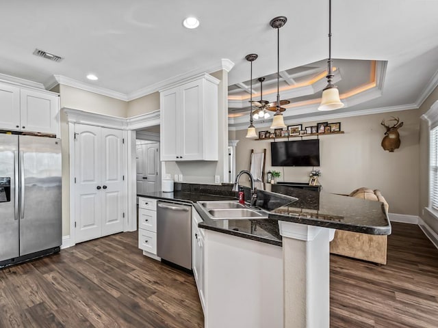 kitchen featuring kitchen peninsula, hanging light fixtures, sink, appliances with stainless steel finishes, and white cabinets