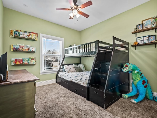 bedroom with ceiling fan and carpet flooring