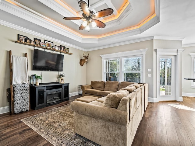 living room featuring a tray ceiling, ornamental molding, dark hardwood / wood-style floors, and ceiling fan