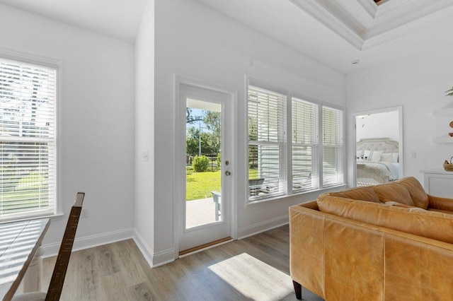 entryway with hardwood / wood-style flooring, a healthy amount of sunlight, and crown molding