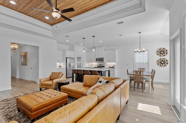 living room featuring sink, a wealth of natural light, wood ceiling, and light hardwood / wood-style floors