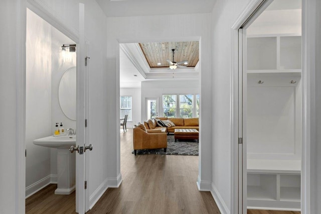 hallway with wooden ceiling, wood-type flooring, and a tray ceiling