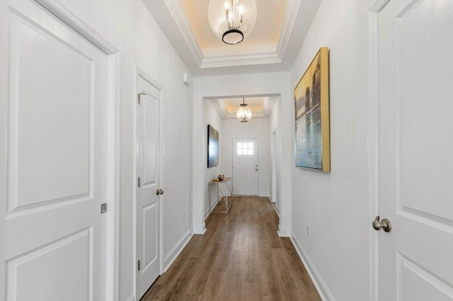 entryway with a tray ceiling, hardwood / wood-style floors, and crown molding