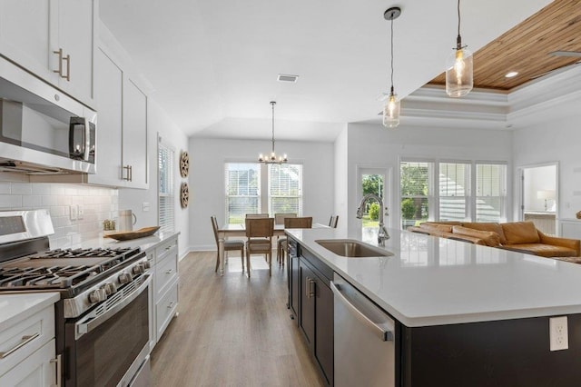 kitchen featuring stainless steel appliances, white cabinetry, sink, and a kitchen island with sink