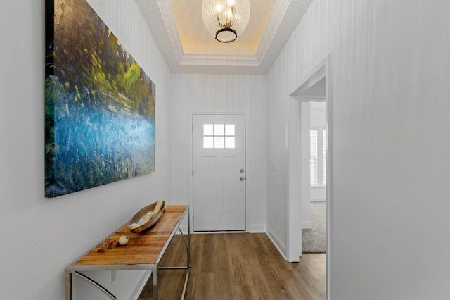 doorway featuring hardwood / wood-style flooring, ornamental molding, and a tray ceiling