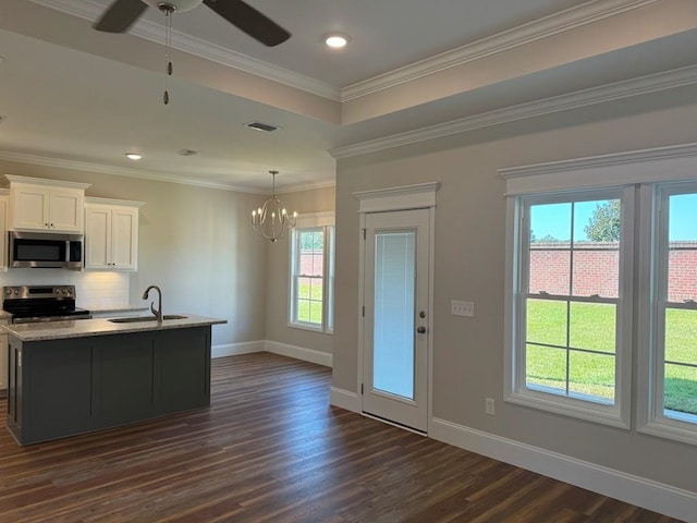 kitchen with stainless steel appliances, a wealth of natural light, white cabinetry, and dark wood-type flooring