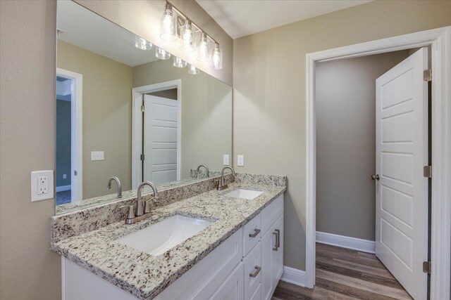 bathroom with wood-type flooring and vanity