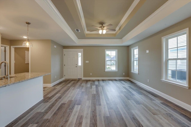 unfurnished living room with plenty of natural light, a tray ceiling, sink, and wood-type flooring