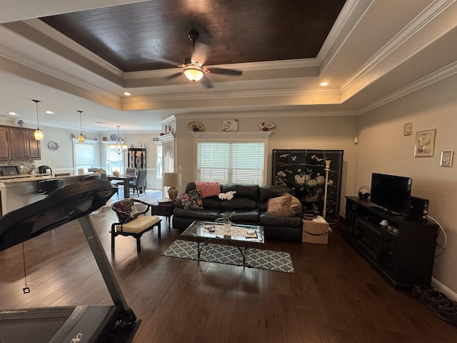 living area featuring crown molding, a tray ceiling, ceiling fan with notable chandelier, and dark wood-type flooring