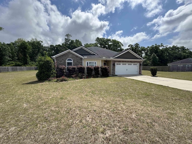 view of front of house with fence, an attached garage, concrete driveway, and a front lawn