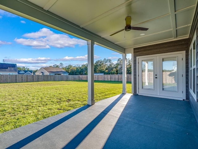 view of patio / terrace with ceiling fan and french doors