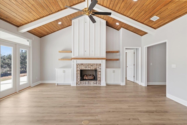 unfurnished living room featuring beam ceiling, high vaulted ceiling, wooden ceiling, light wood-type flooring, and a brick fireplace