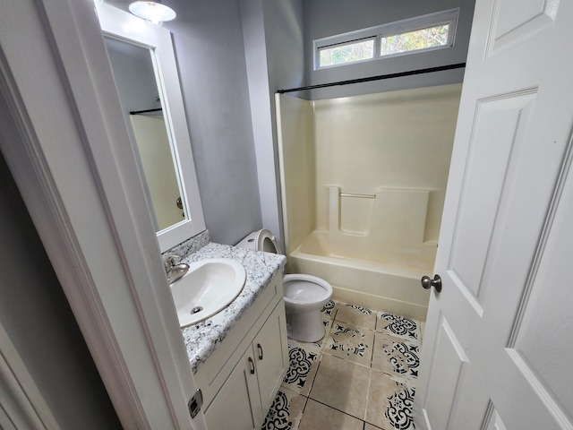 full bathroom with toilet, vanity, tile patterned floors, and  shower combination