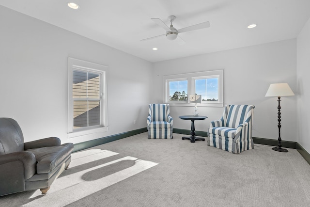 sitting room with light carpet, baseboards, a ceiling fan, and recessed lighting