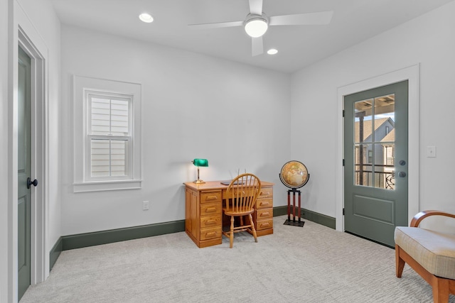 carpeted home office featuring recessed lighting, ceiling fan, and baseboards