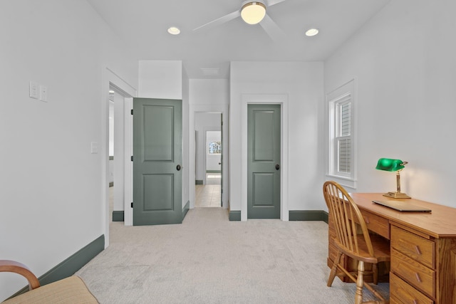 office area with light carpet, baseboards, a ceiling fan, and recessed lighting