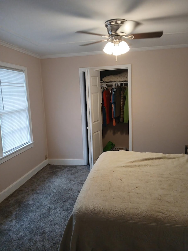 carpeted bedroom with ornamental molding, a closet, and ceiling fan