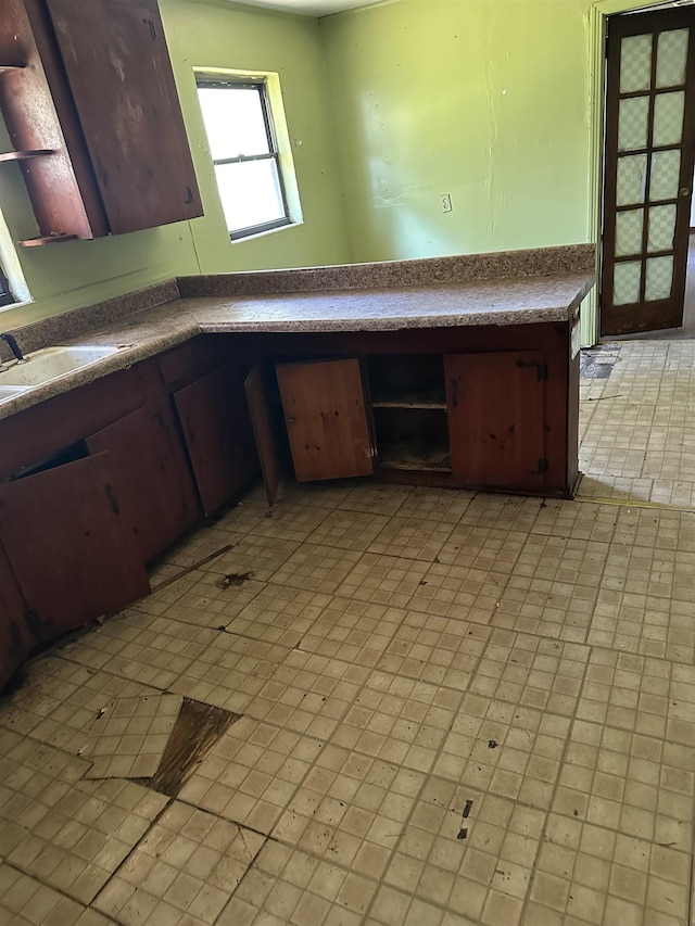 kitchen with a sink and open shelves