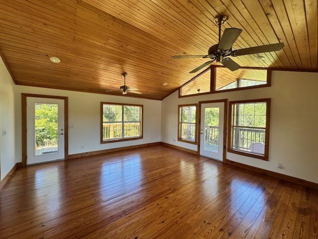 spare room with ceiling fan, wooden ceiling, vaulted ceiling, and hardwood / wood-style flooring