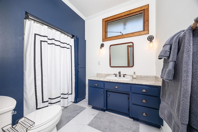 bathroom featuring a shower with curtain, ornamental molding, toilet, and vanity