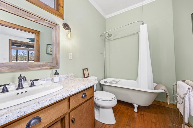 bedroom with crown molding, ceiling fan, access to exterior, and hardwood / wood-style flooring